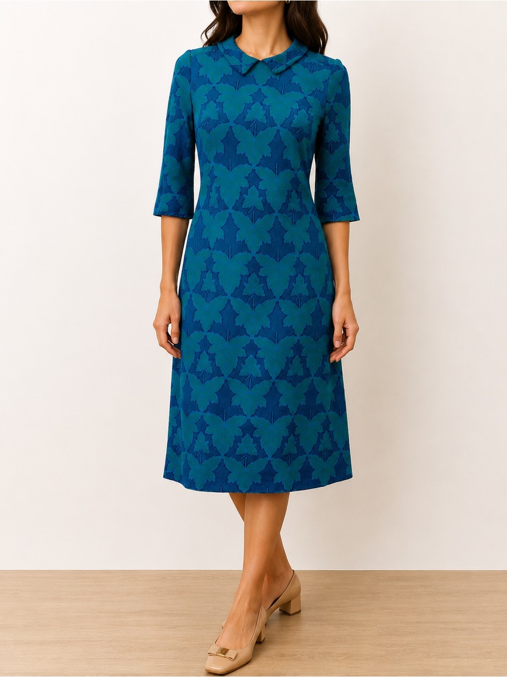 Vintage 1960s Jean Lang Original Blue Green Jacquard Leaf Print Dress Mod A-Line